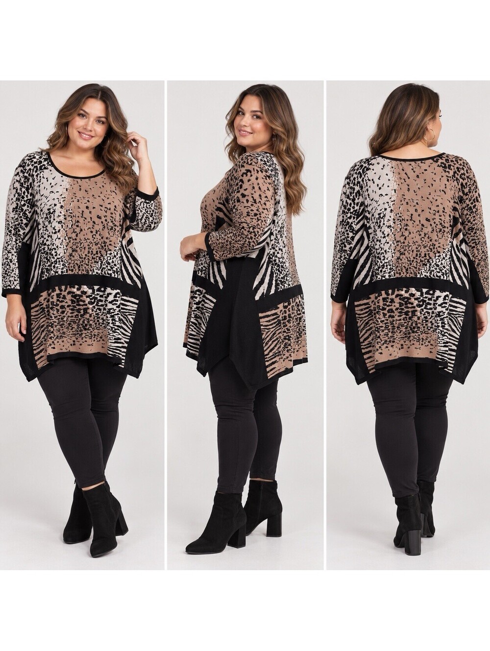 ZOZO Women’s Oversized Tunic Sweater 2X Chest Black Taupe Abstract Animal Print
